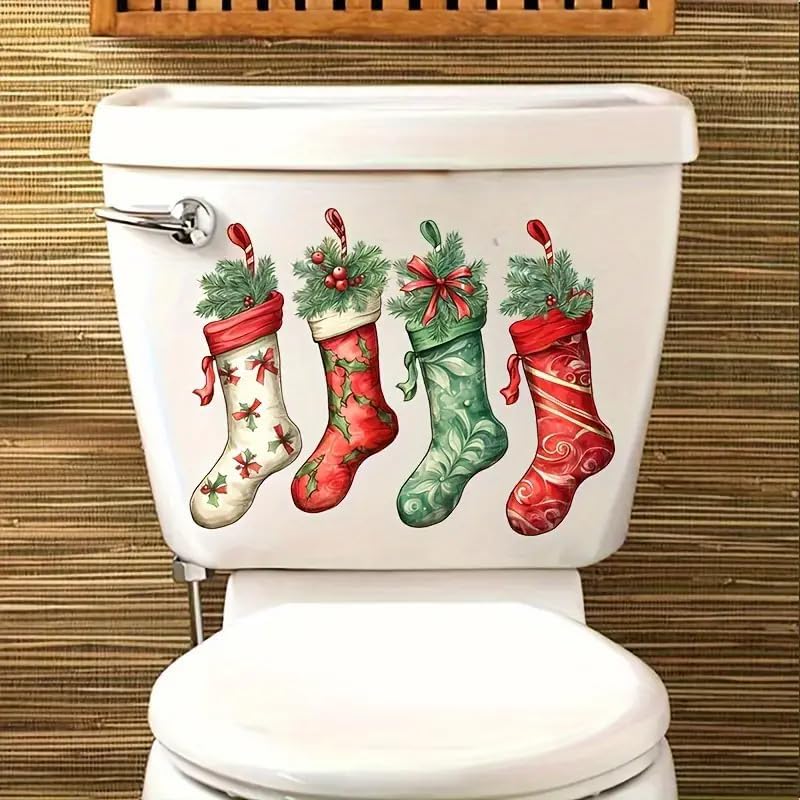 DIDOSOFT Christmas Stocking Toilet Cover Sticker Decals,Fish Bird Flower Leaf Waterproof Toilet Lid Tank Seat Decals Cistern Self-Adhesive Bathroom Wall Sticker - Image 1